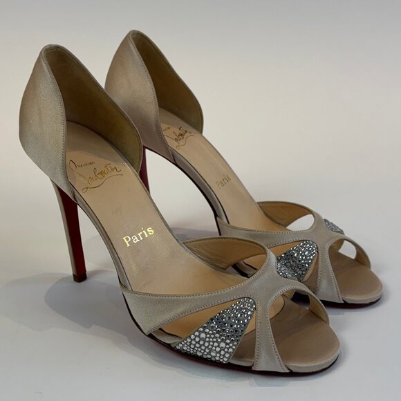Louboutin Beige Satin Peep-Toe Pumps with Crystal Accents, Size 40 EU - Picture 1 of 16